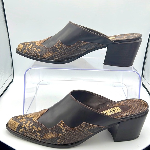 Brighton Shoes - Brighton Westy Brown Calf Leather & Python Italian Mules Size 8.5